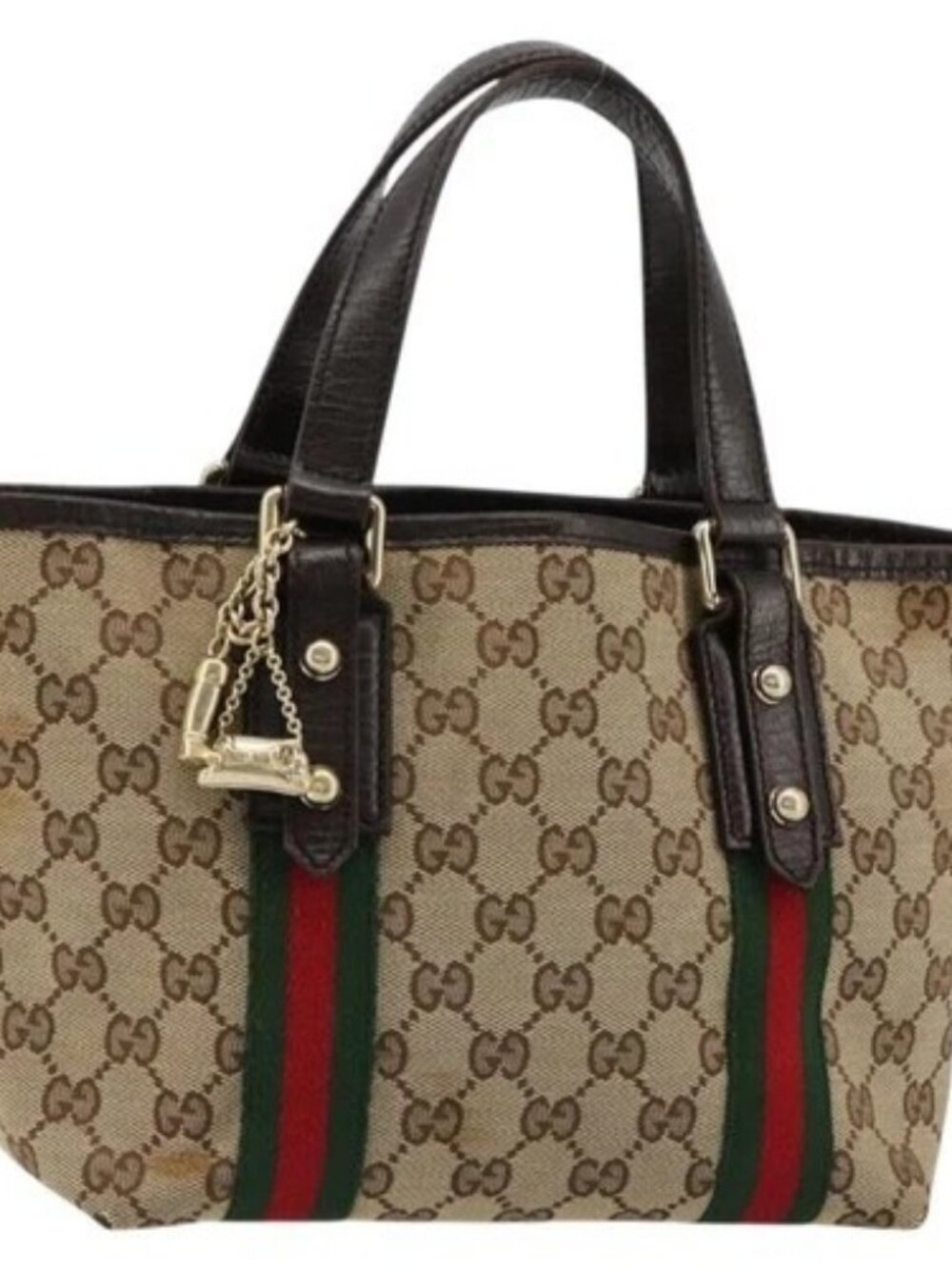 GUCCI GG Canvas Web Sherry Line Hand Bag Beige Gold Red 139261 Auth 181181